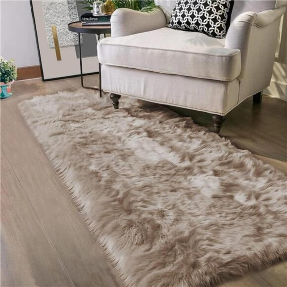 Throw Rug 2x6 Rug Runner LightBrown Beige Faux Fur Rug Washable ShaggyRug Fluffy - Picture 1 of 8